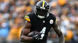 DK Metcalf #4 of the Pittsburgh Steelers runs the ball in the game against the Cleveland Browns