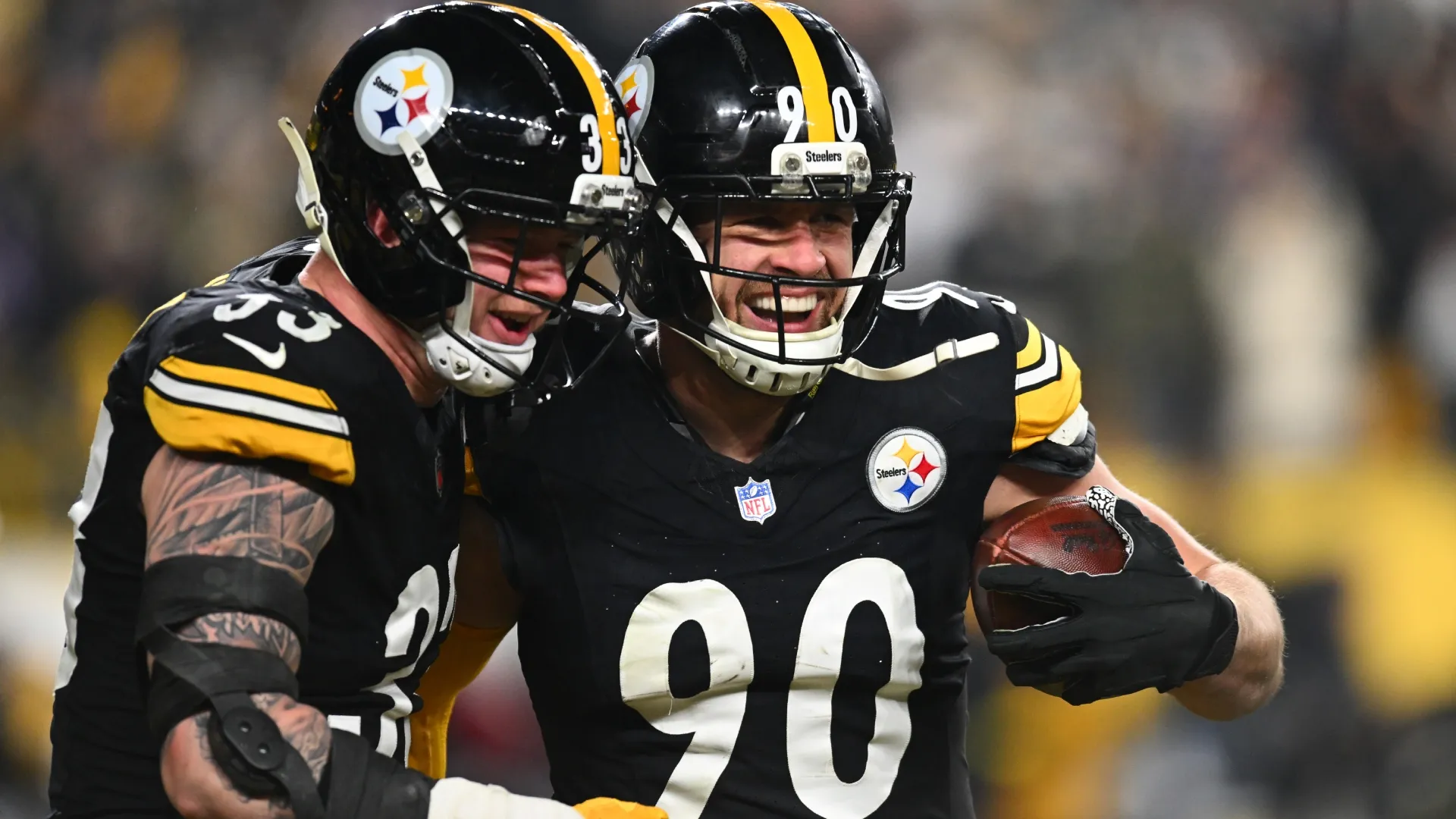 T.J. Watt #90 of the Pittsburgh Steelers celebrates after an interception (Source: Joe Sargent/Getty Images)