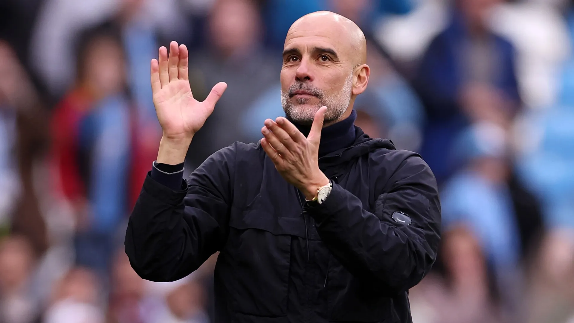 Pep Guardiola, Manager of Manchester City, acknowledges the fans following the Premier League match (Source: Naomi Baker/Getty Images)