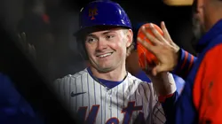 A.J. Ewing #9 of the New York Mets celebrates.