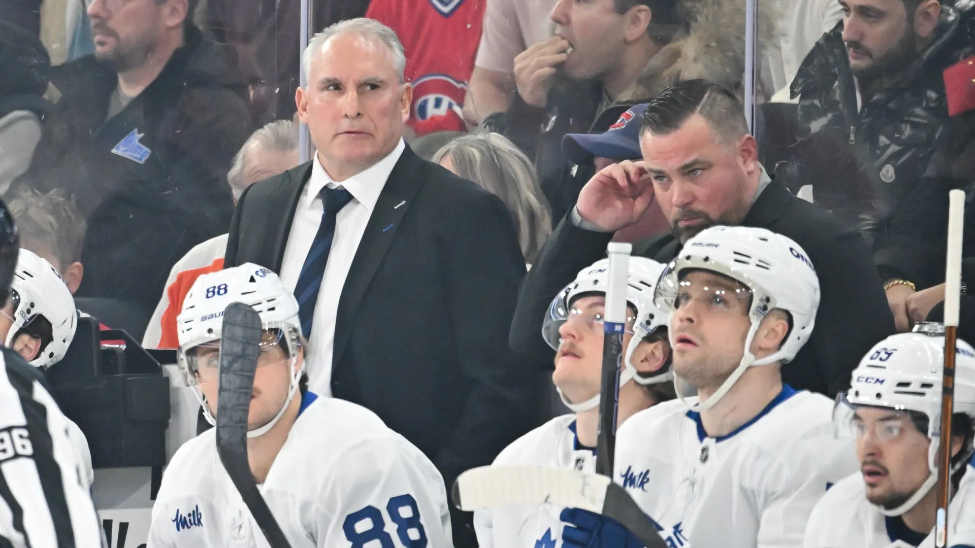 Craig Berube of the Maple Leafs handles bench duties. Minas Panagiotakis/Getty Images