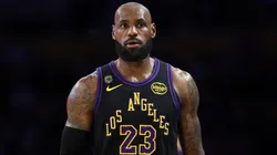 LeBron James #23 of the Los Angeles Lakers looks on.