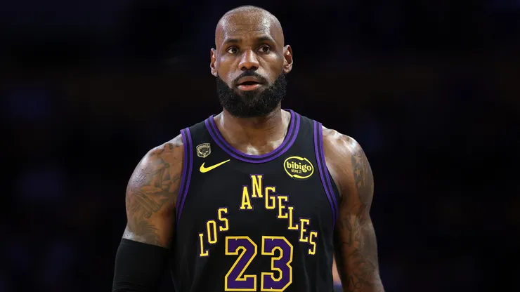 LeBron James #23 of the Los Angeles Lakers looks on.