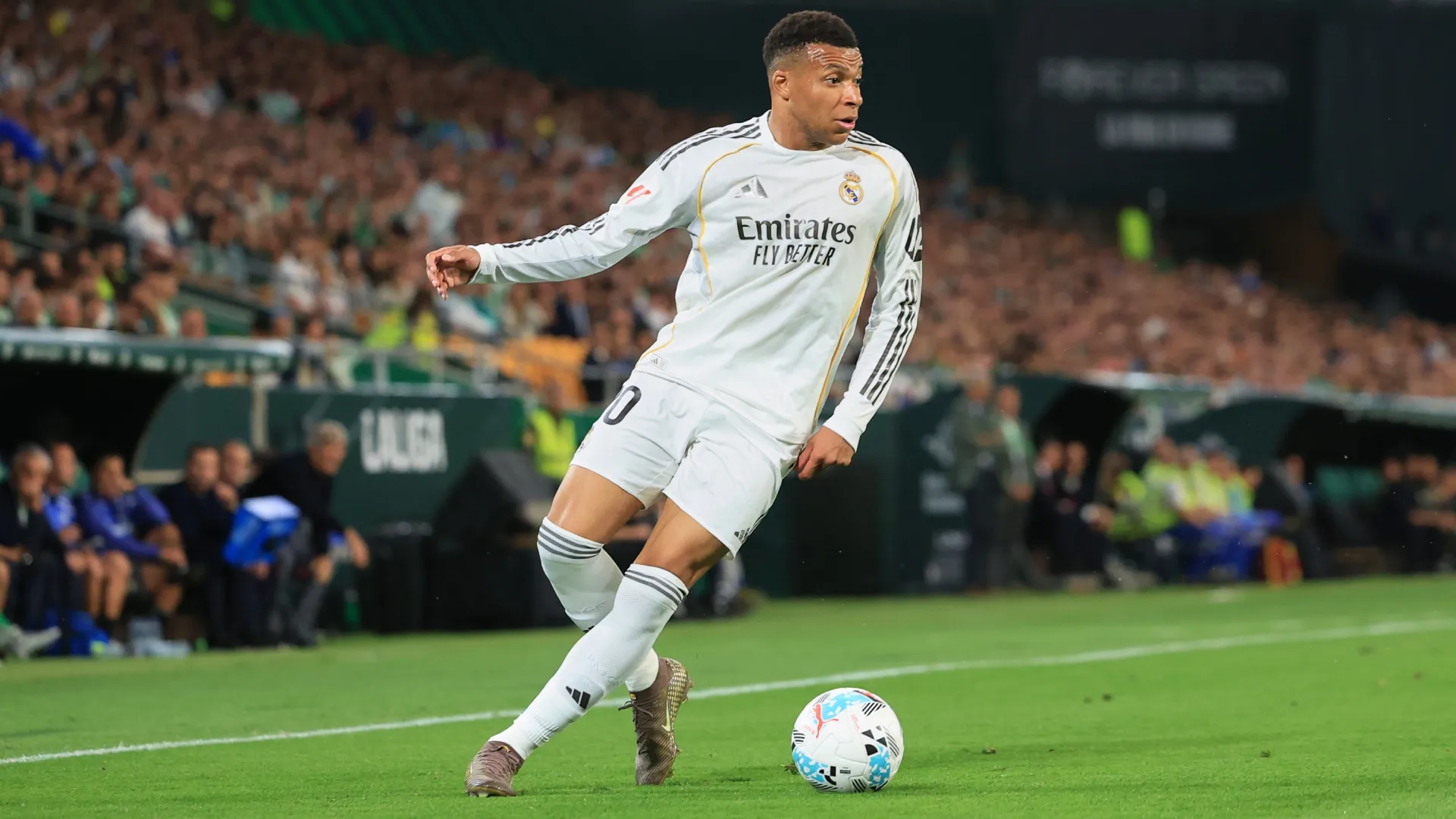 Kylian Mbappe of Real Madrid in action during the LaLiga EA Sports match. Fran Santiago/Getty Images