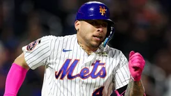 Francisco Alvarez #4 of the New York Mets runs out a double.