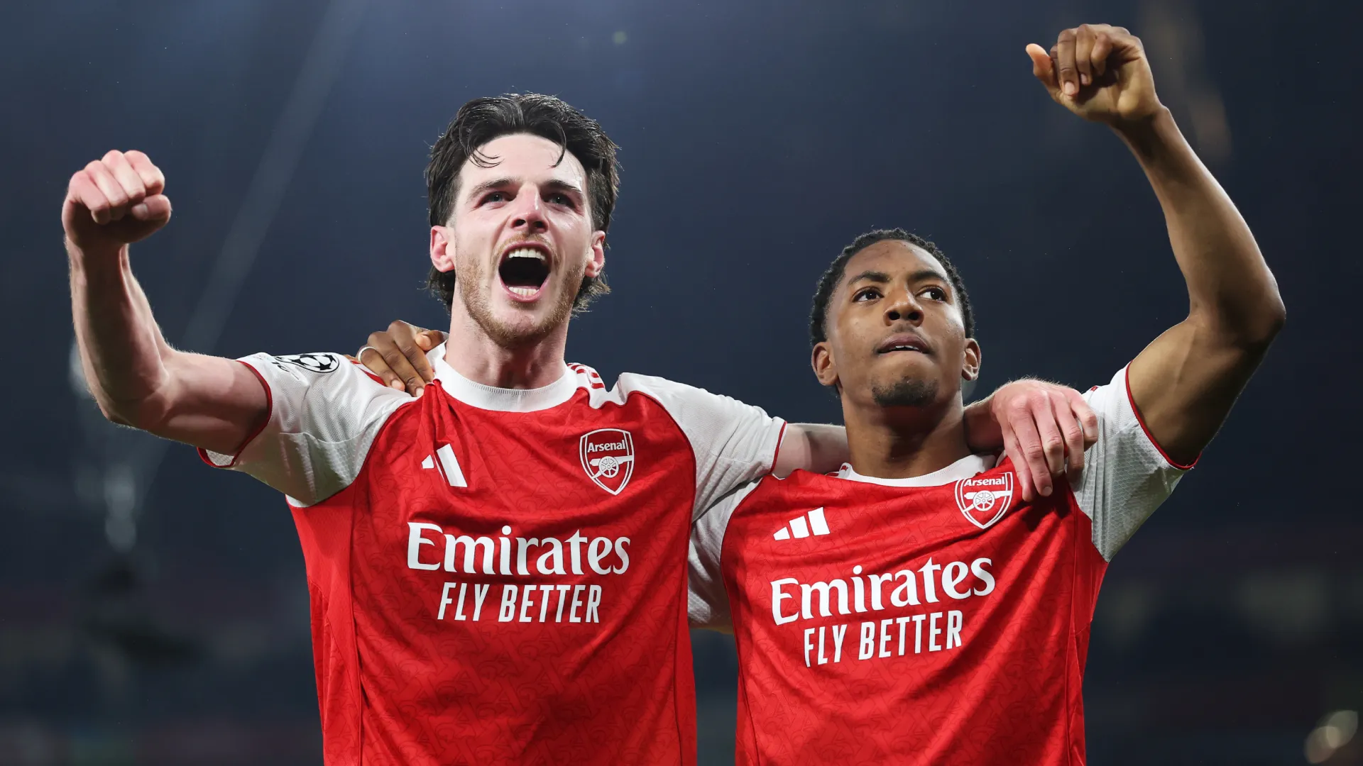 Declan Rice and Myles Lewis-Skell celebrate reaching the Champions League final. (Getty Images)