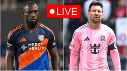 Kevin Denkey of FC Cincinnati and Lionel Messi of Inter Miami.