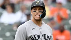 Aaron Judge #99 of the Yankees reacts after striking out.