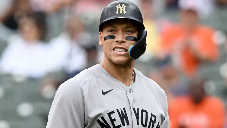 Aaron Judge #99 of the Yankees reacts after striking out.