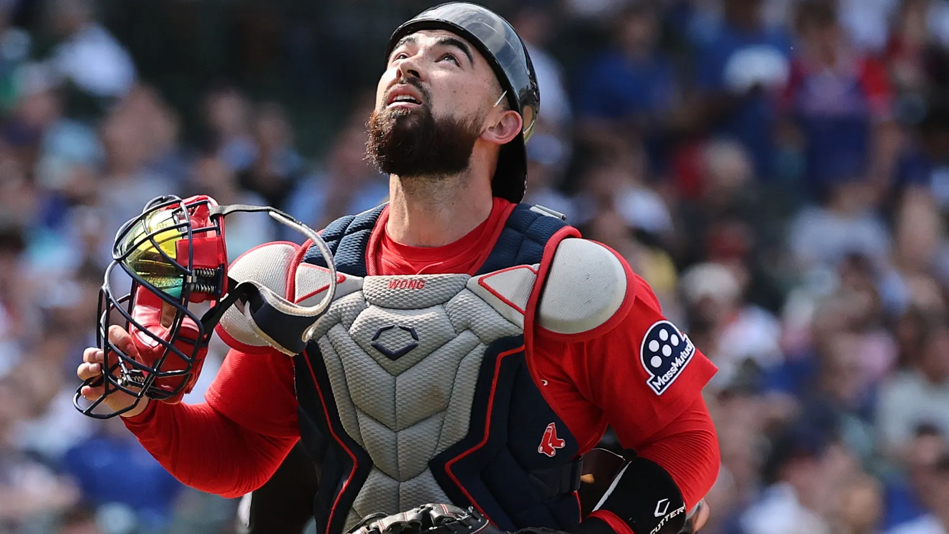 Connor Wong #12 of the Red Sox in action against the Cubs. Michael Reaves/Getty Images