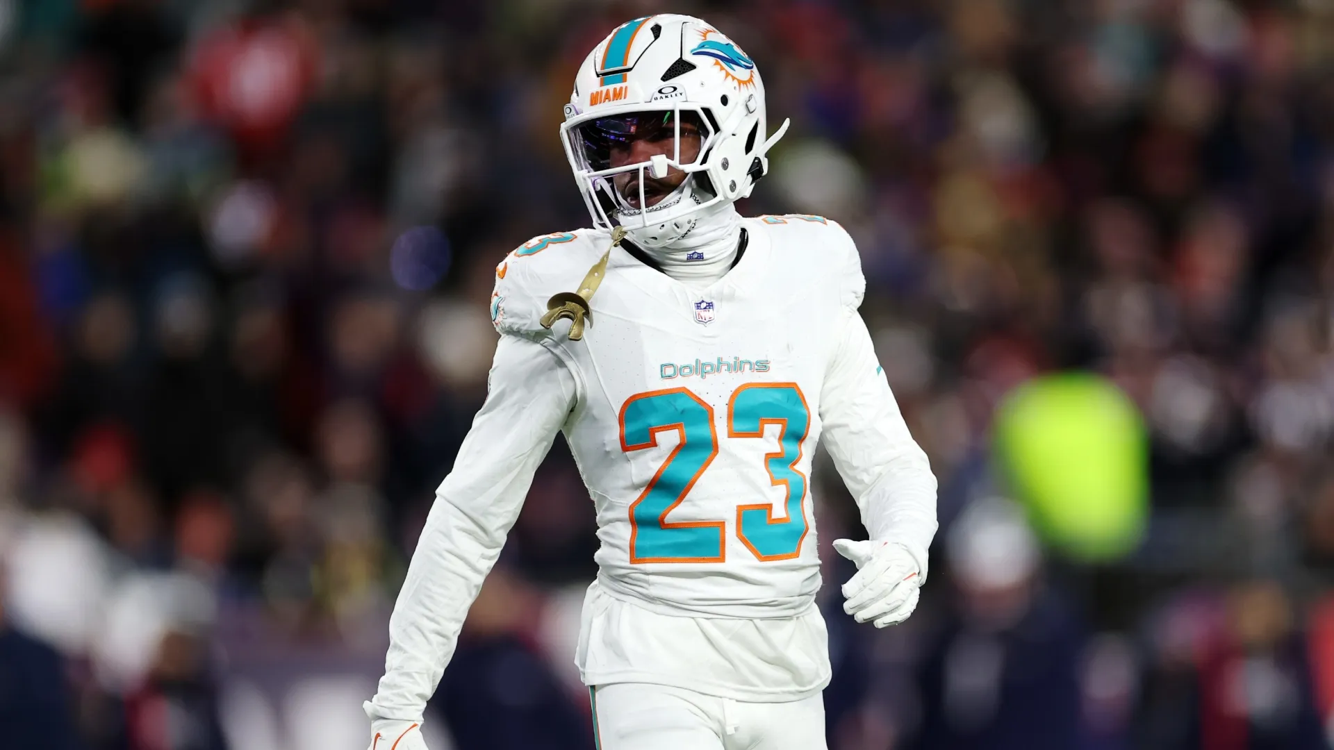 Jack Jones #23 of the Dolphins in action during the game against the Patriots (Source: Sarah Stier/Getty Images)