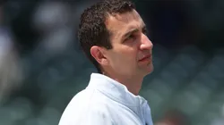 David Stearns of the New York Mets looks on during batting practice.