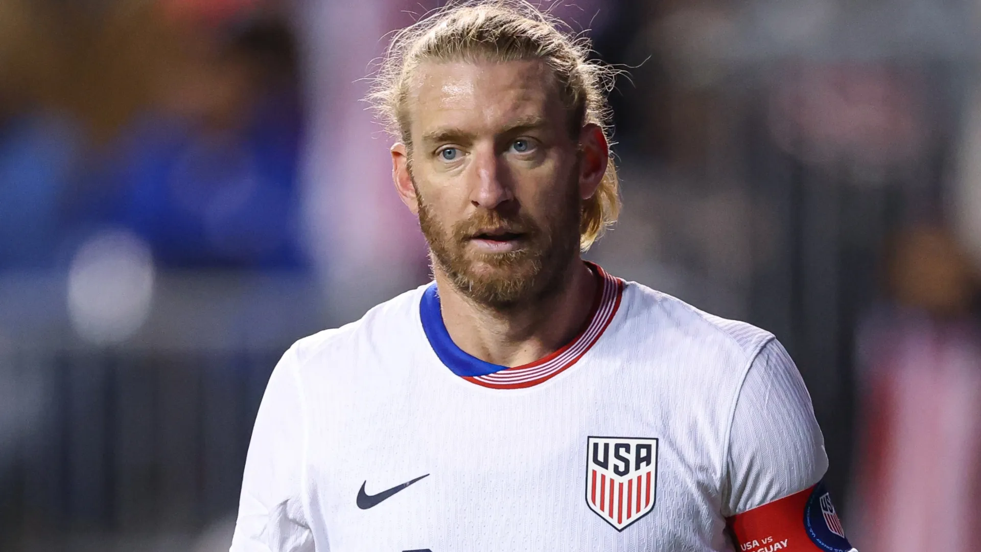 Tim Ream #13 of the United States looks on during an International Friendly (Source: Vincent Carchietta/Getty Images)