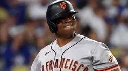 Rafael Devers #16 of the Giants reacts after striking out.