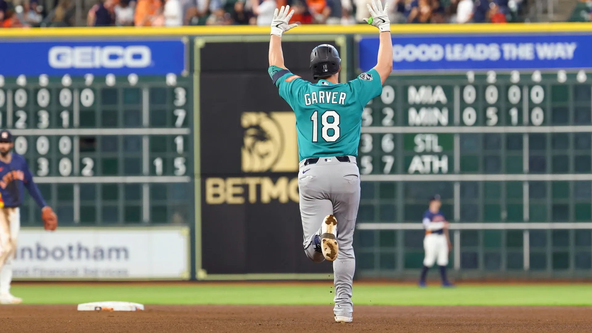 Mitch Garver #18 of the Mariners celebrates after hitting a two run home run. Jack Gorman/Getty Images