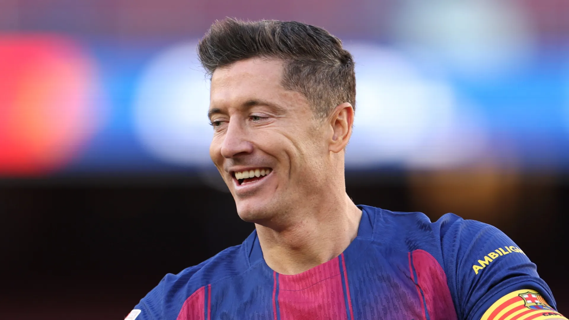 Robert Lewandowski celebrating a Barcelona goal.