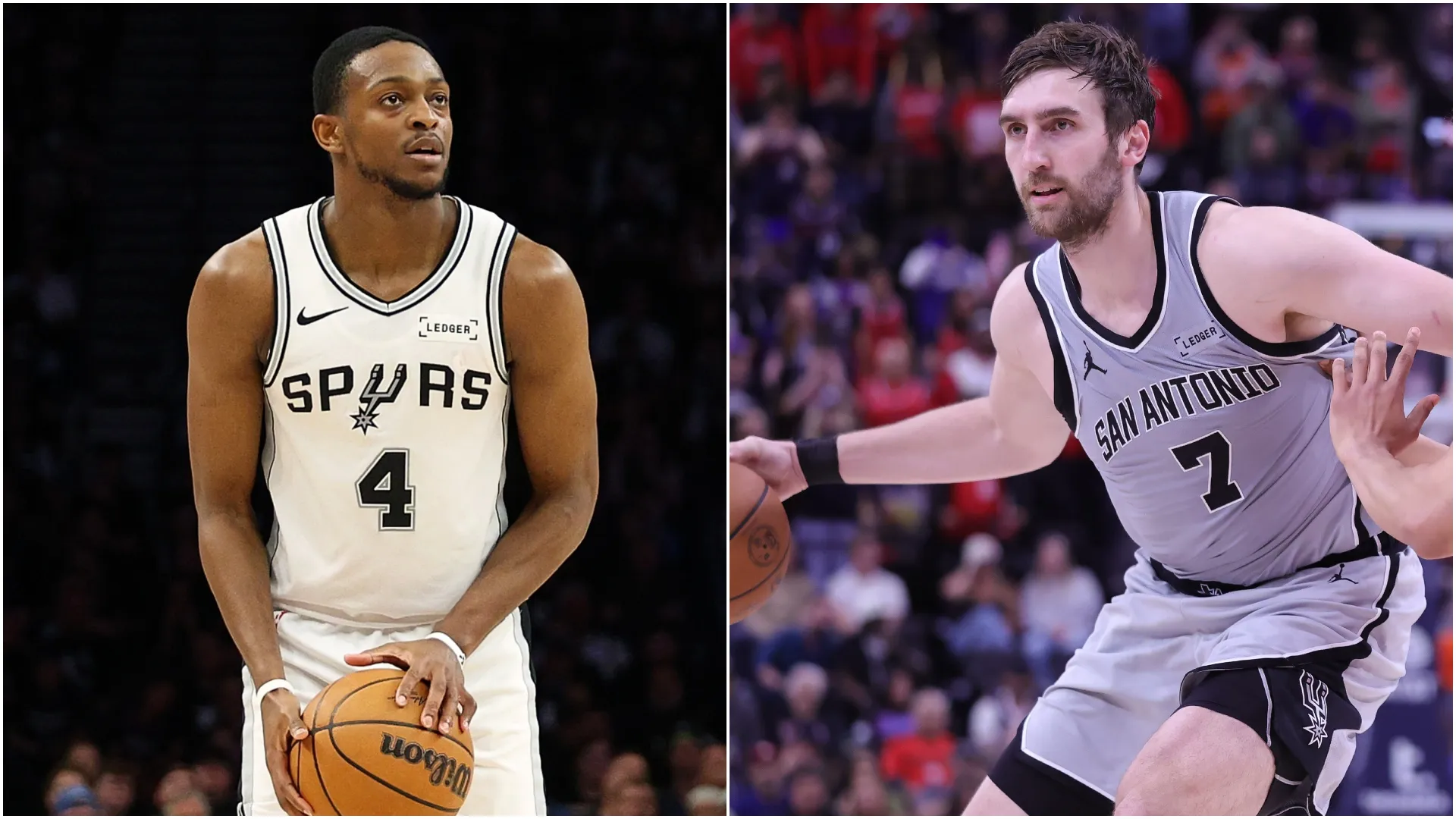 De’aaron Fox #4 and Luke Kornet #7 of the San Antonio Spurs (Source: David Berding/Ronald Martinez — Getty Images)