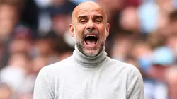 Pep Guardiola, Manager of Manchester City, reacts.