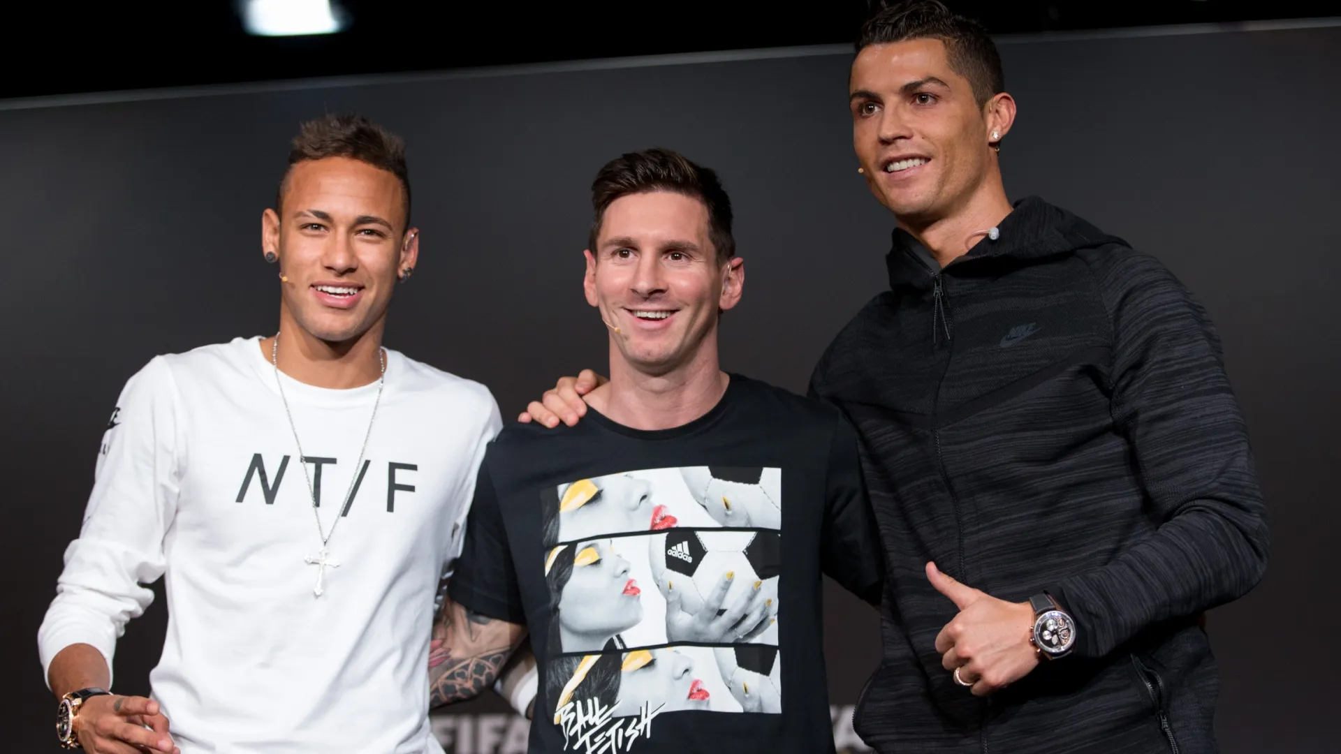 Neymar Jr., Lionel Messi, and Cristiano Ronaldo at the 2015 Ballon d’Or ceremony. Philipp Schmidli/Getty Images