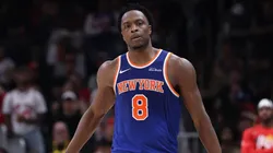 Og Anunoby #8 of the New York Knicks reacts after hitting a three-point basket against the Atlanta Hawks