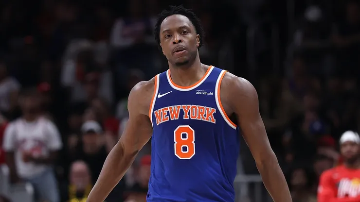 Og Anunoby #8 of the New York Knicks reacts after hitting a three-point basket against the Atlanta Hawks