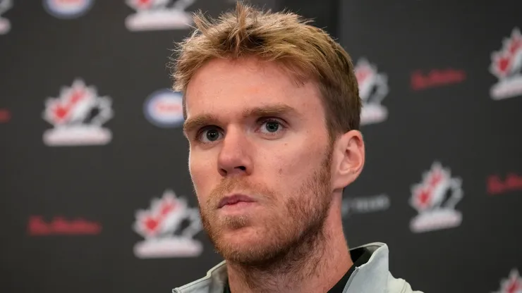 Connor McDavid speaking to media.