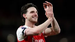 Declan Rice of Arsenal applauds the fans after the team's victory in the Premier League match