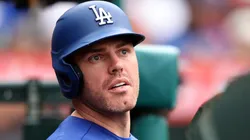 Freddie Freeman #5 of the Los Angeles Dodgers looks on.