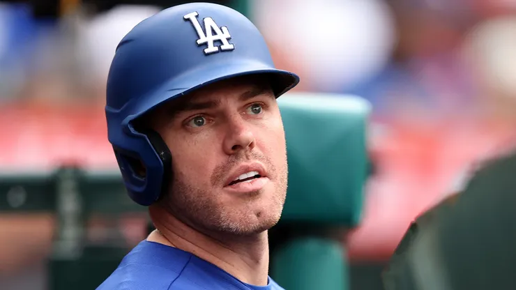 Freddie Freeman #5 of the Los Angeles Dodgers looks on.