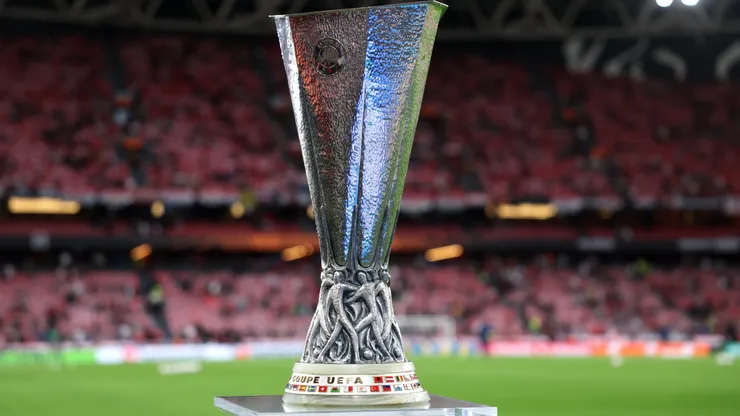 A detailed view of The UEFA Europa League Trophy prior to the 2023/24 final match