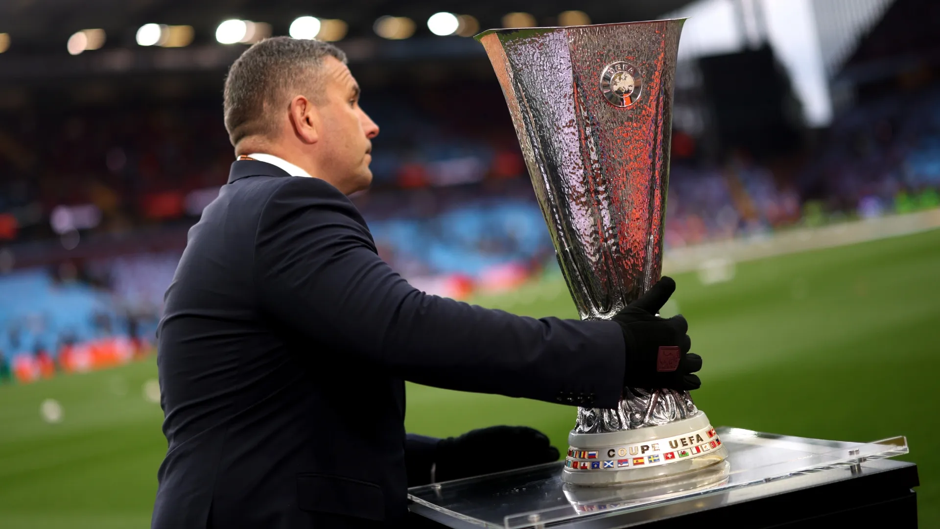The UEFA Europa League trophy is seen prior to the 2025/26 Semi-Final Second Leg match (Source: Carl Recine/Getty Images)