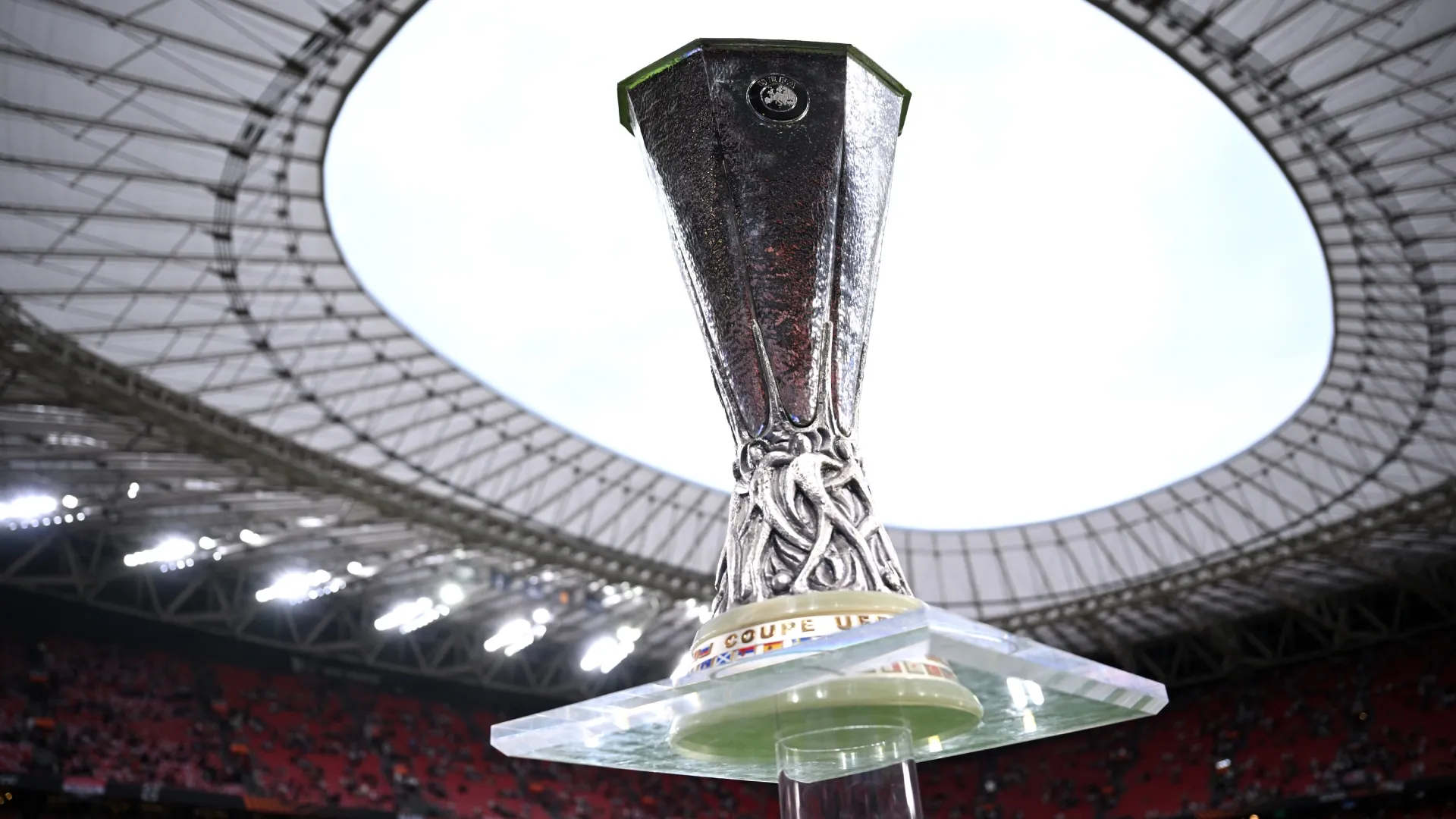 The UEFA Europa League trophy on a plinth inside the stadium prior to the UEFA Europa League Final 2025 (Source: Justin Setterfield/Getty Images)