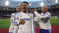 Morgan Rogers of Aston Villa celebrates with teammates during the Premier League match in 2025