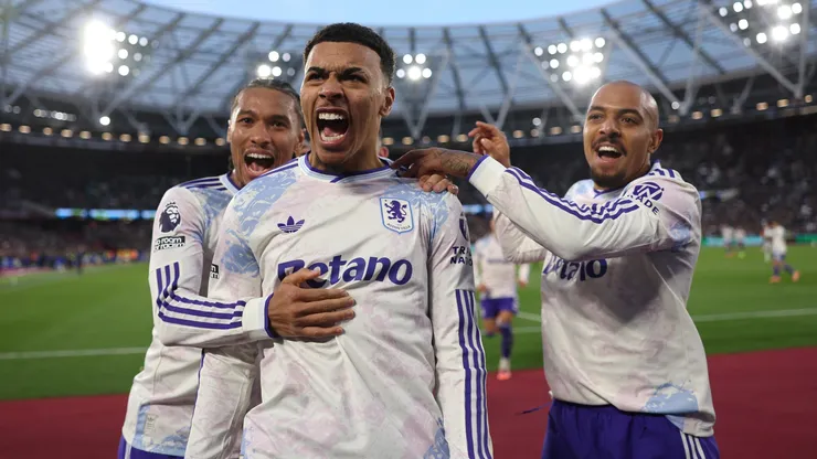 Morgan Rogers of Aston Villa celebrates with teammates during the Premier League match in 2025