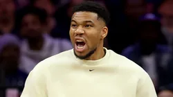 Giannis Antetokounmpo #34 of the Milwaukee Bucks reacts.