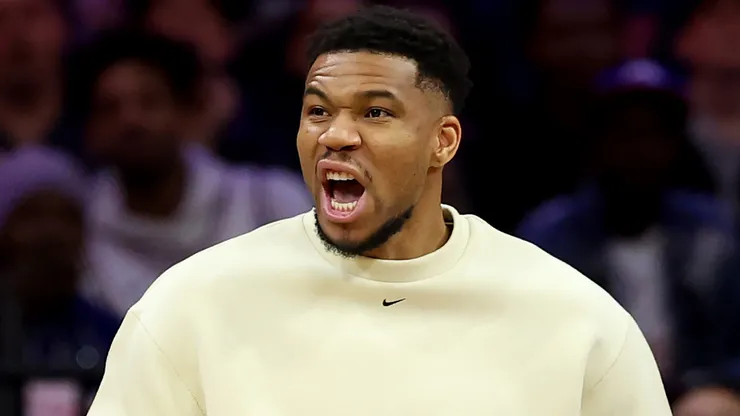 Giannis Antetokounmpo #34 of the Milwaukee Bucks reacts.