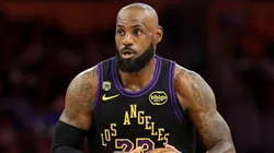 LeBron James #23 of the Los Angeles Lakers dribbles the ball.