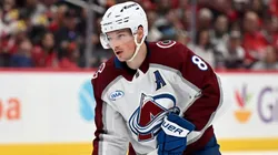 Cale Makar #8 of the Colorado Avalanche handles the puck against the Washington Capitals