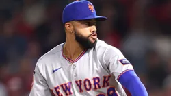 Devin Williams #38 of the Mets pitches against the Angels.