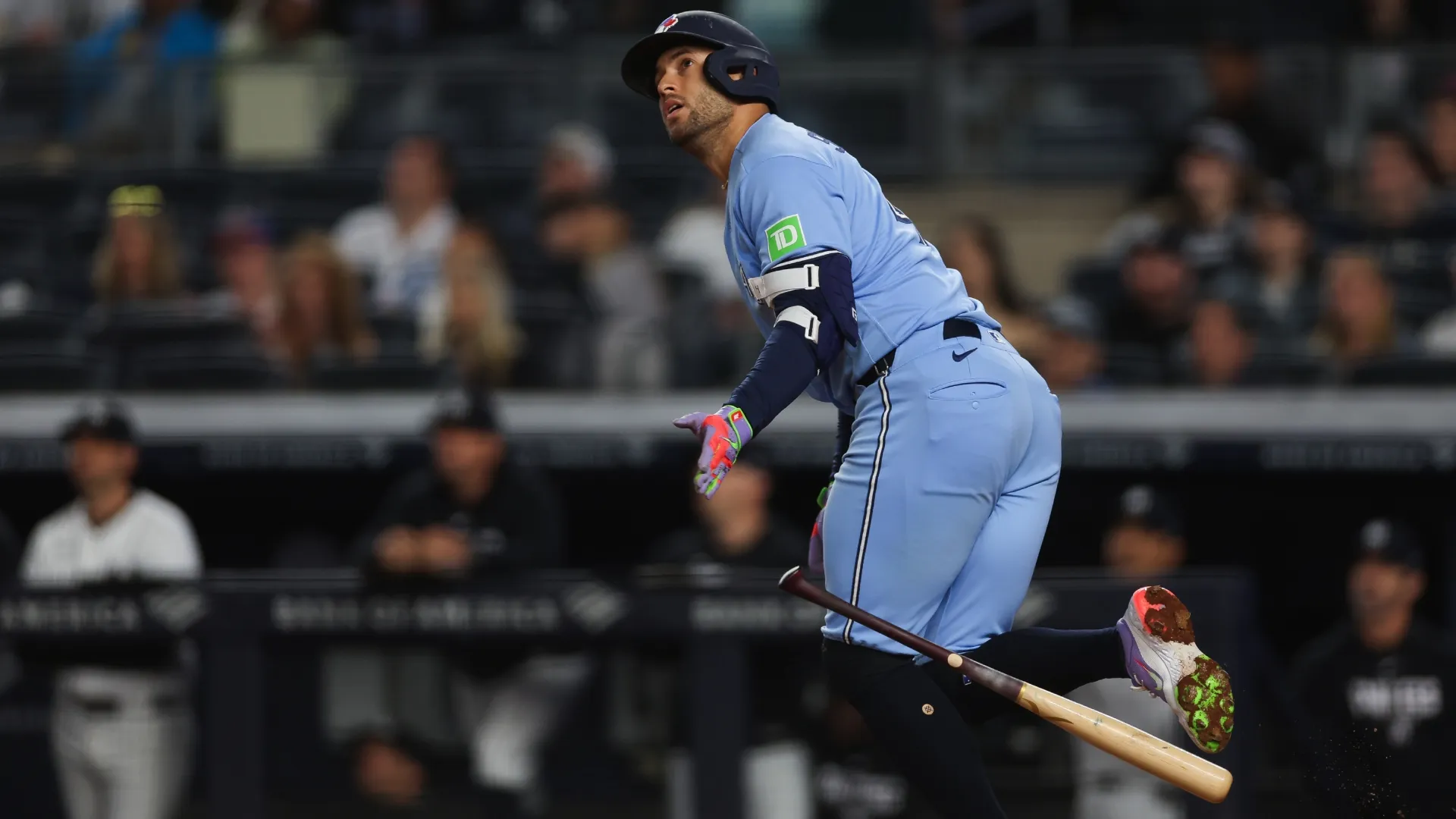 George Springer #4 of the Blue Jays hits a solo home run against the Yankees. Ishika Samant/Getty Images