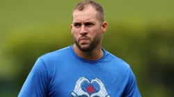 George Springer #4 of the Toronto Blue Jays trains in the outfield.