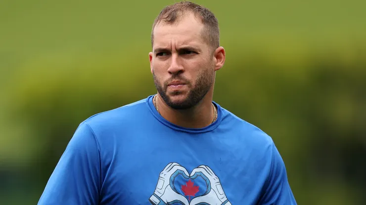 George Springer #4 of the Toronto Blue Jays trains in the outfield.