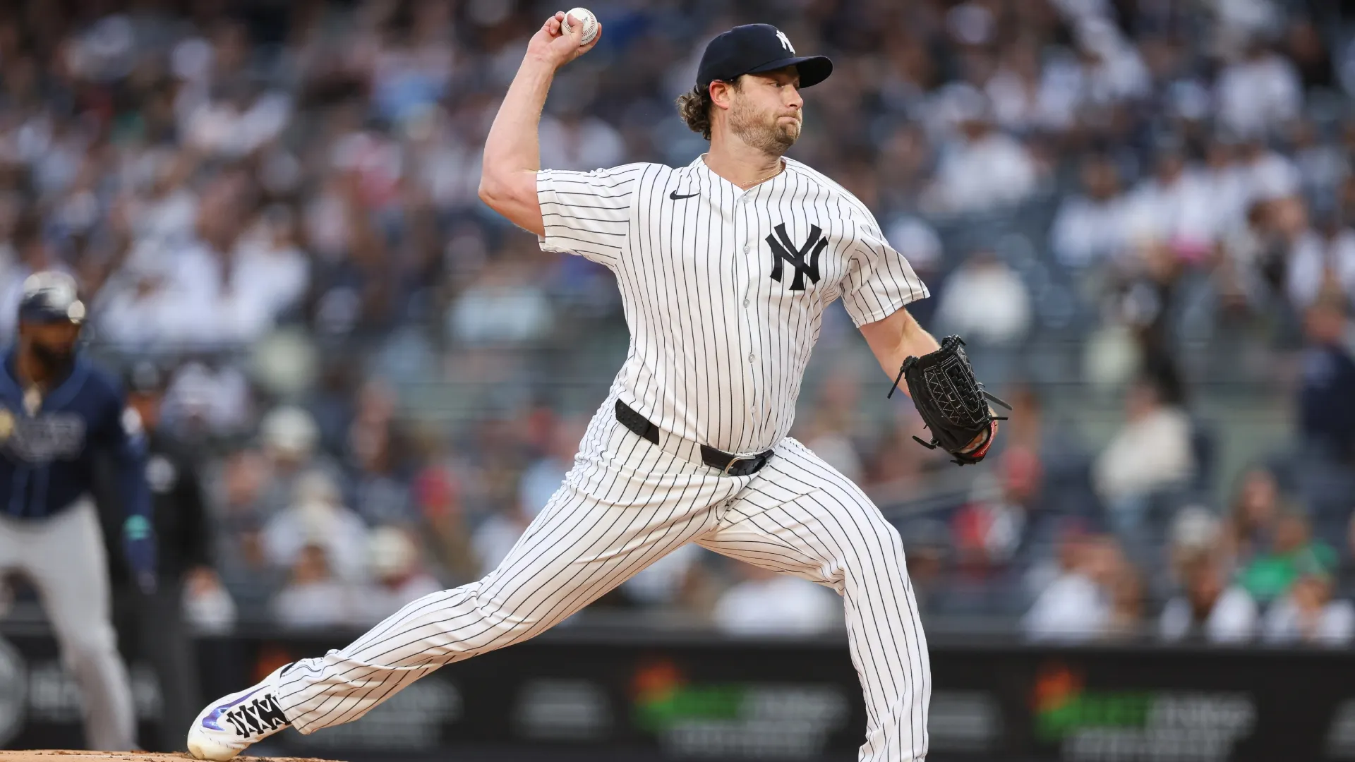 Gerrit Cole #45 of the Yankees pitches during the first inning against the Rays. Ishika Samant/Getty Images