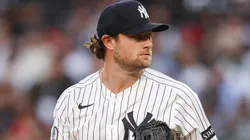 Gerrit Cole #45 of the Yankees looks on during the first inning.