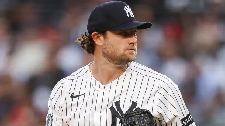 Gerrit Cole #45 of the Yankees looks on during the first inning.