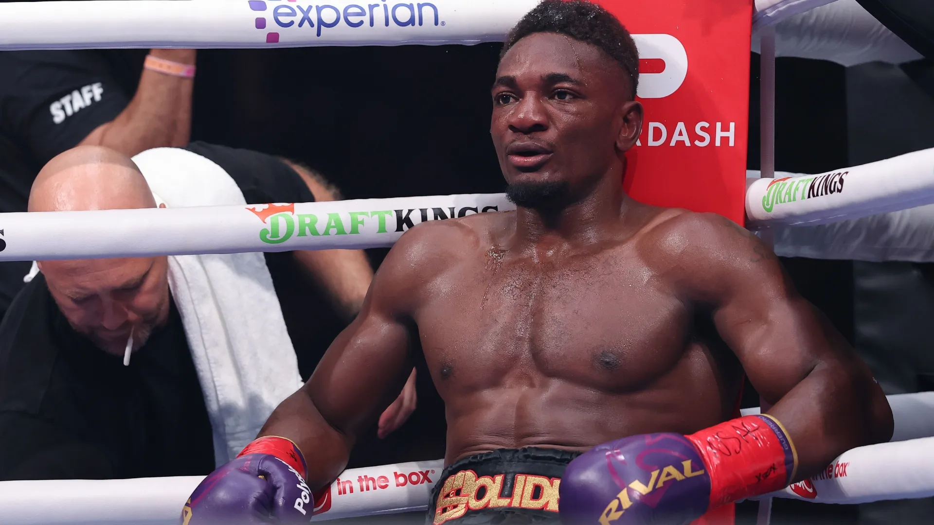 Christian M’billi looks on from his corner in his super middleweight WBC interim title fight. Sarah Stier/Getty Images for Netflix