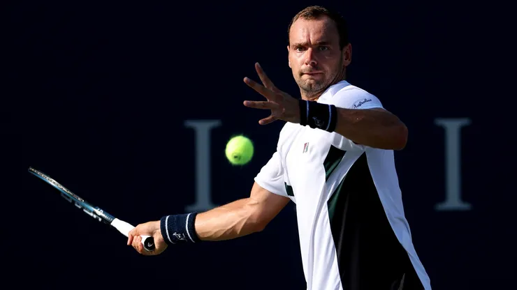 Roman Safiullin returns a shot to Casper Ruud of Norway during the National Bank Open Presented by Rogers