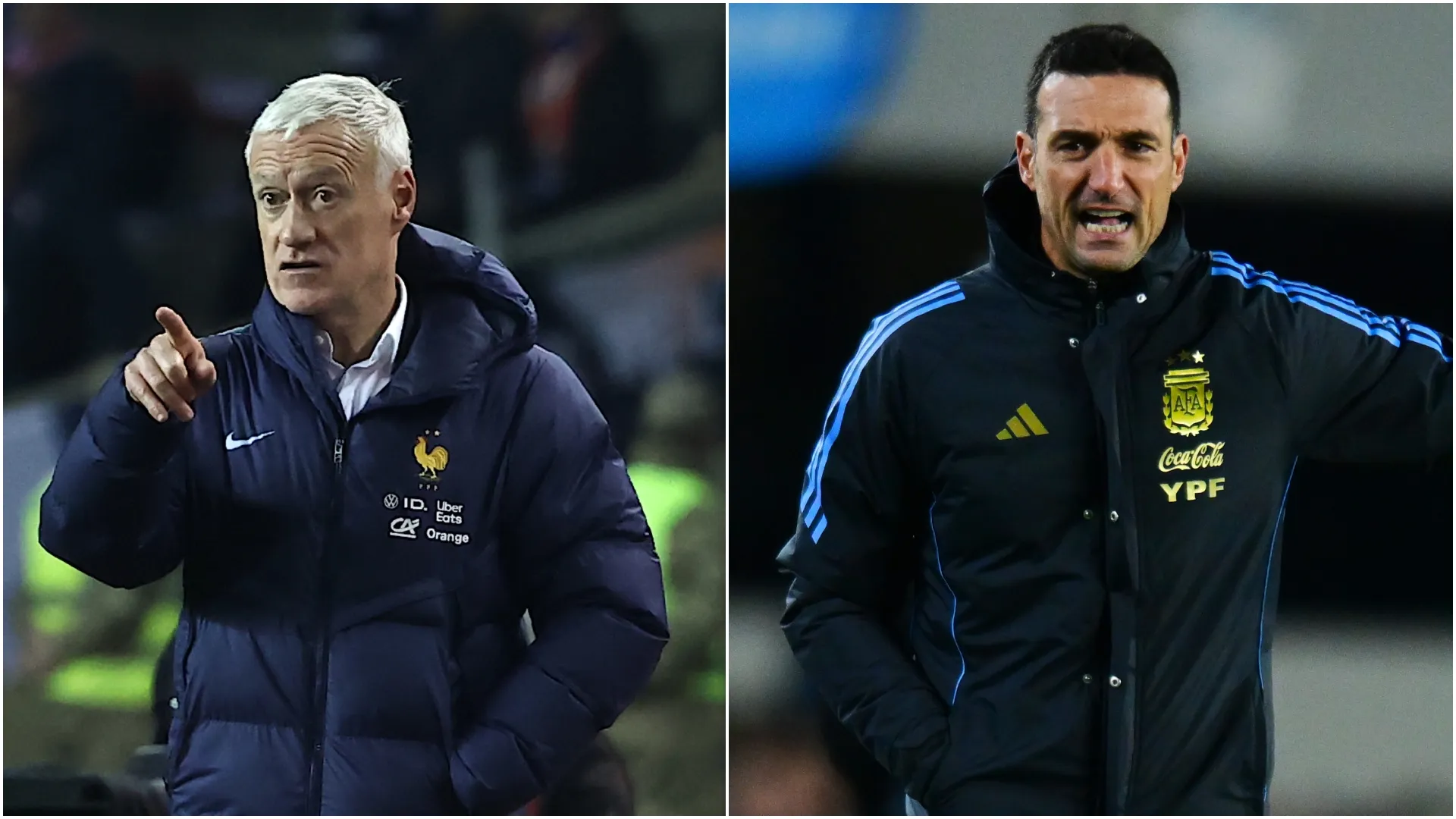 Head coach of France Didier Deschamps and head coach of Argentina Lionel Scaloni (Source: Aziz Karimov/Marcelo Endelli — Getty Images)