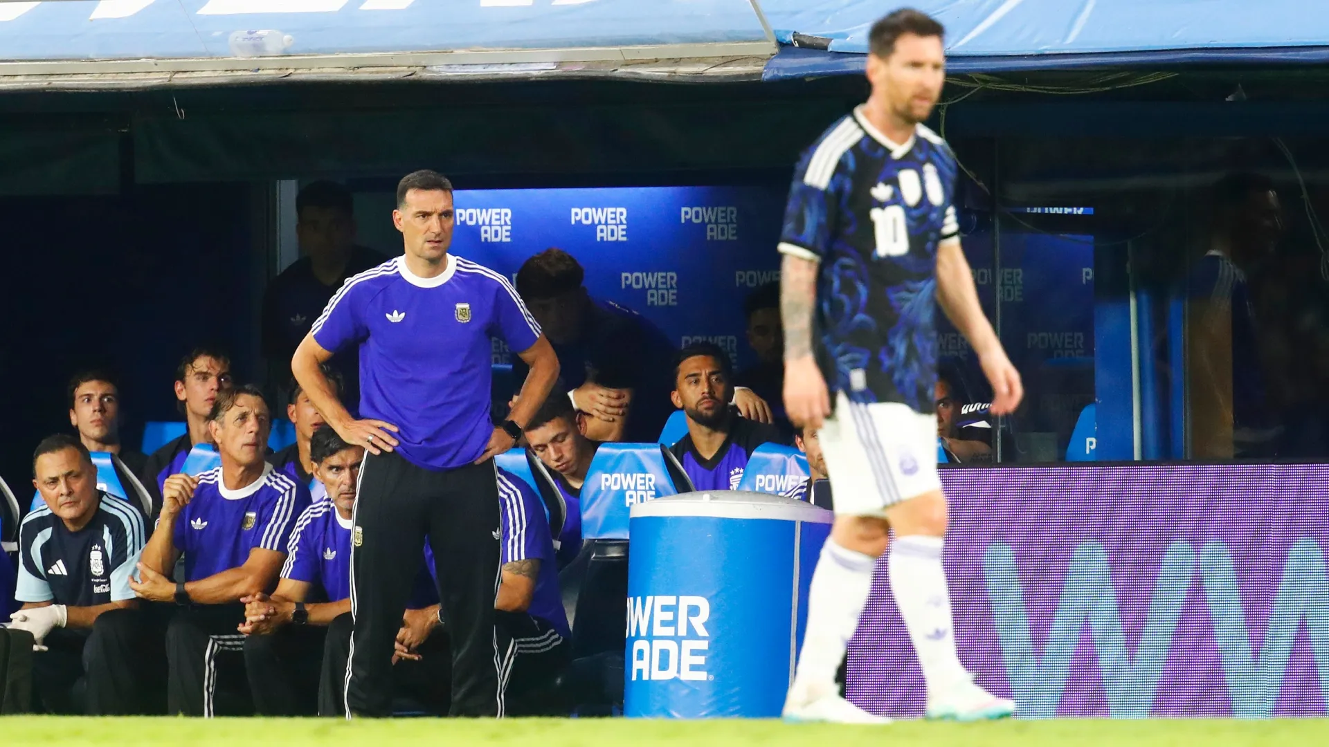 Manager of Argentina Lionel Scaloni looks on during the international friendly match (Source: Marcos Brindicci/Getty Images)
