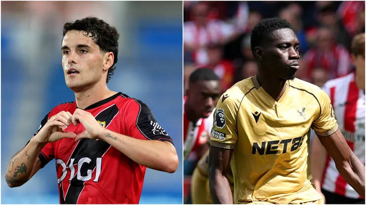 Sergio Camello of Rayo Vallecano (L) and Ismaila Sarr of Crystal Palace (R)